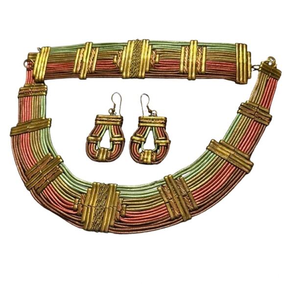 Alexis Kirk Jewelry - Vintage Alexis Kirk 70s Brass Leather Tribal Jewelry Set